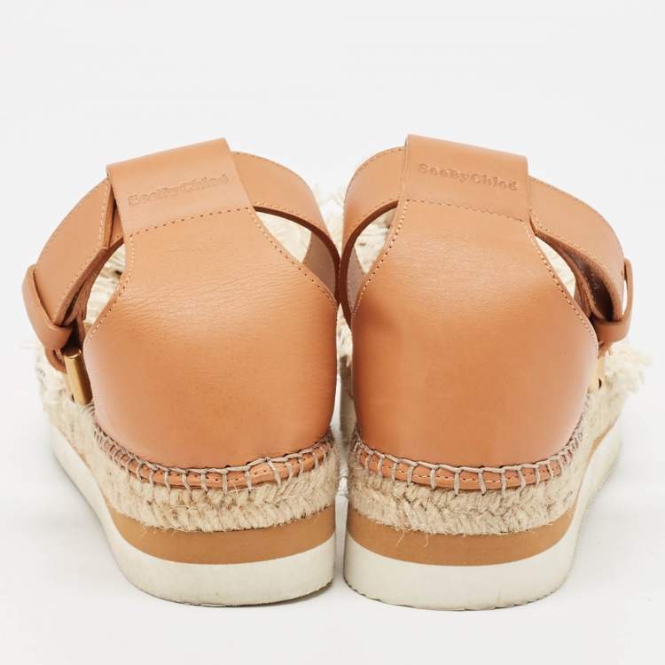 Pre Owned See by Chloe Cream/Brown Knit Fabric and Leather Ankle Strap Sandals Size 40