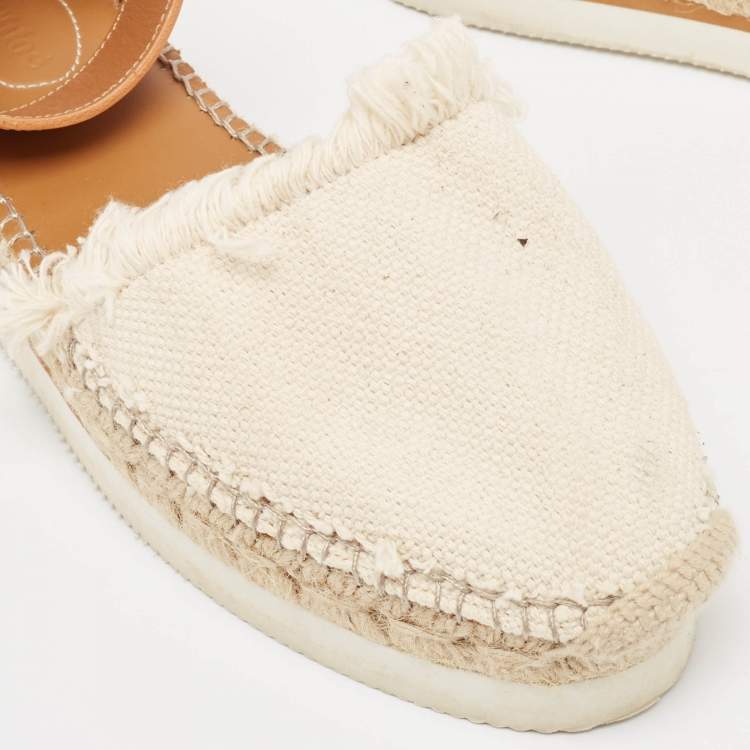 Pre Owned See by Chloe Cream/Brown Knit Fabric and Leather Ankle Strap Sandals Size 40