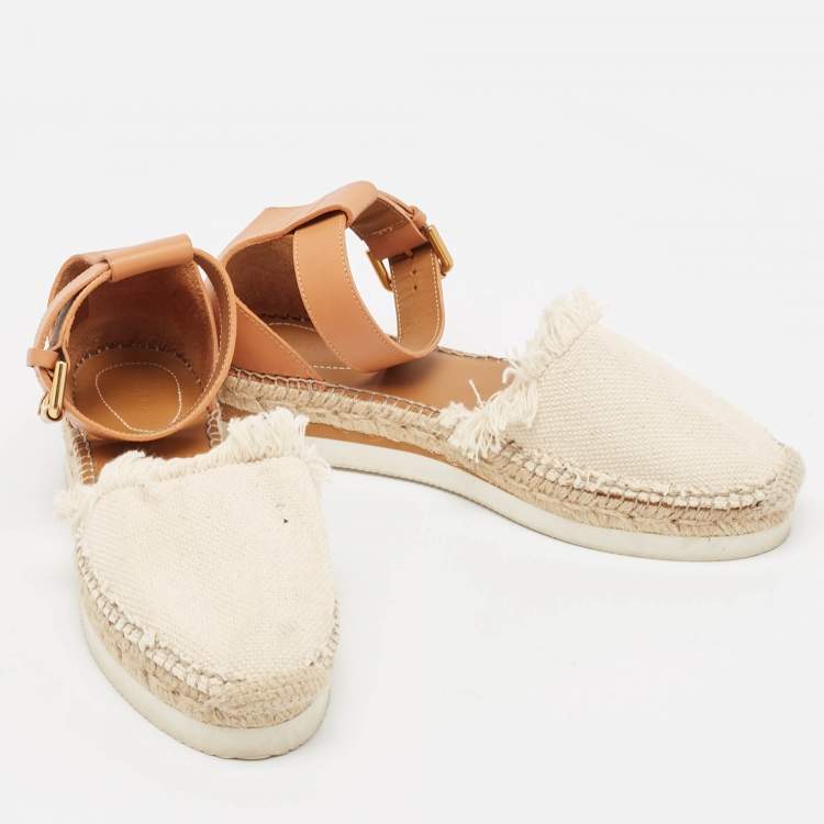 Pre Owned See by Chloe Cream/Brown Knit Fabric and Leather Ankle Strap Sandals Size 40