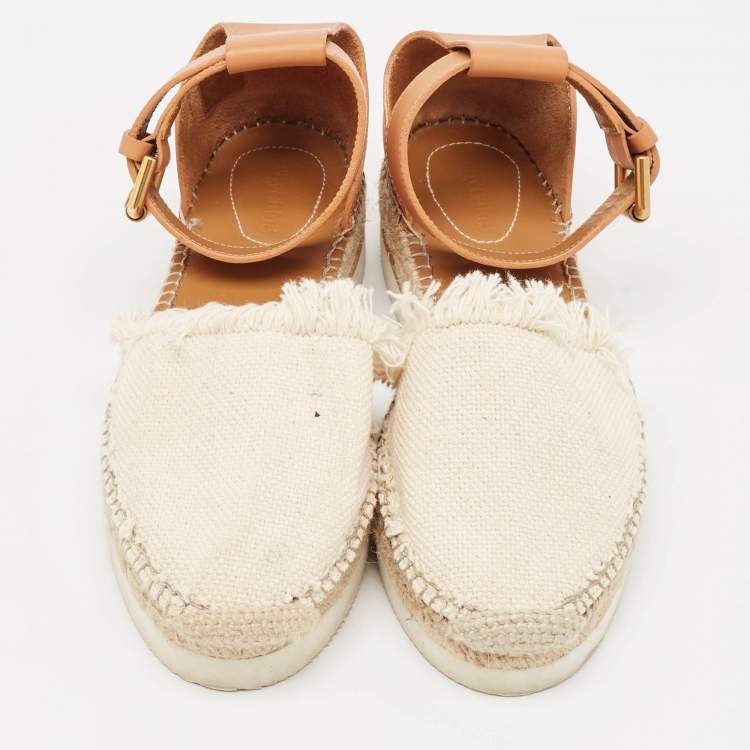 Pre Owned See by Chloe Cream/Brown Knit Fabric and Leather Ankle Strap Sandals Size 40