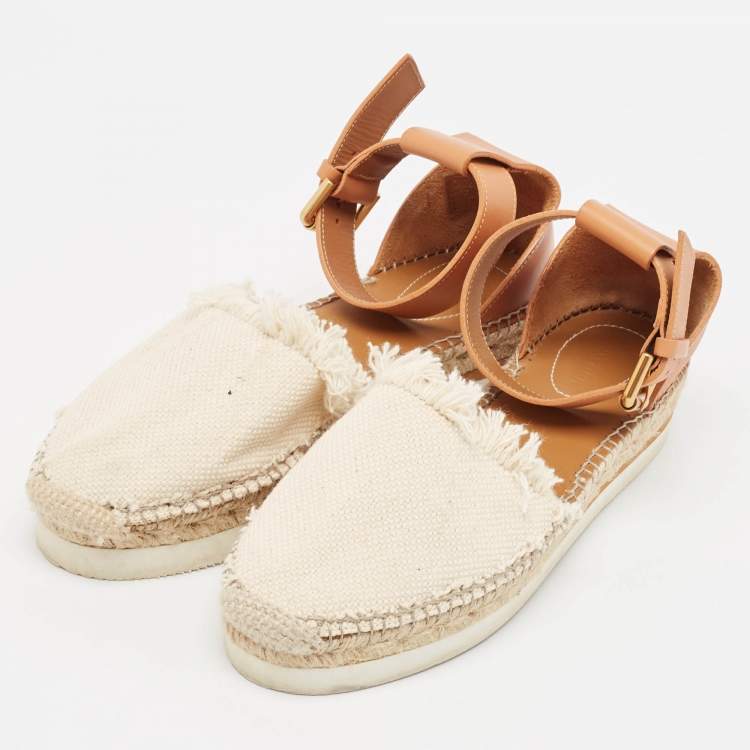 Pre Owned See by Chloe Cream/Brown Knit Fabric and Leather Ankle Strap Sandals Size 40
