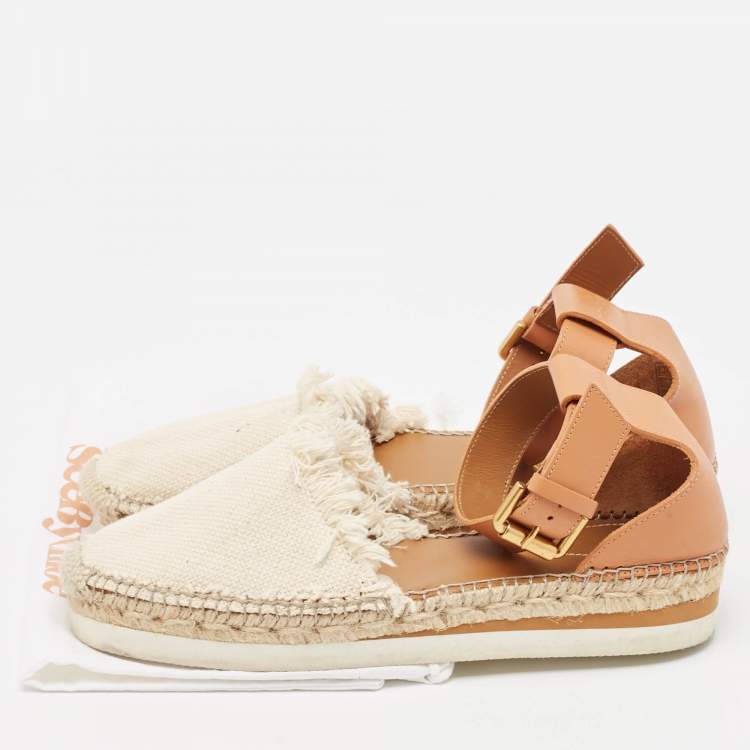 Pre Owned See by Chloe Cream/Brown Knit Fabric and Leather Ankle Strap Sandals Size 40