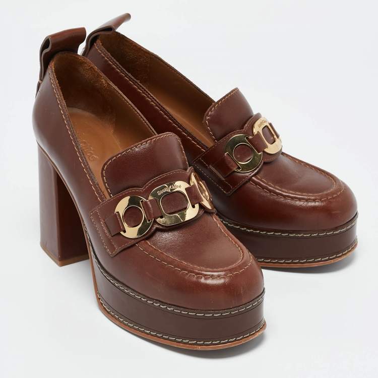 Pre Owned See by Chloe Brown Leather Platform Loafer Pumps Size 39