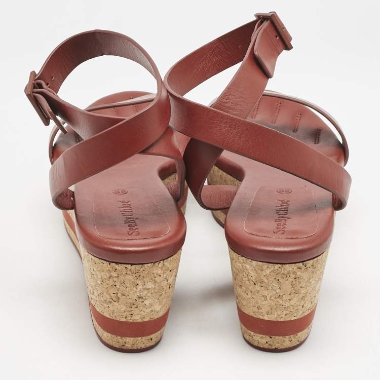Pre Owned See by Chloe Red Leather Cork Wedge Platform Ankle Strap Sandals Size 39