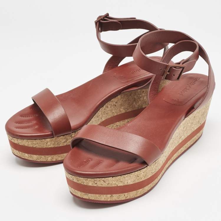 Pre Owned See by Chloe Red Leather Cork Wedge Platform Ankle Strap Sandals Size 39