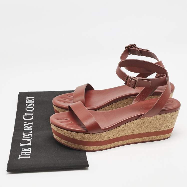 Pre Owned See by Chloe Red Leather Cork Wedge Platform Ankle Strap Sandals Size 39