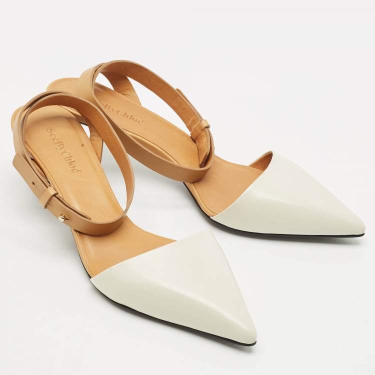 Pre Owned See by Chloe White/Brown Leather Pointed Toe  Ankle Wrap Pumps Size 39.5
