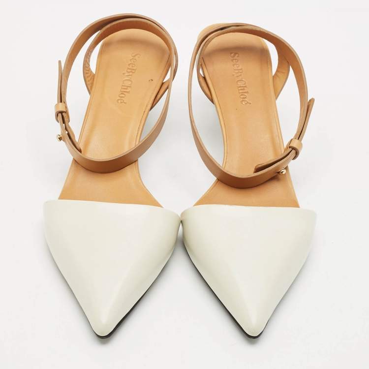 Pre Owned See by Chloe White/Brown Leather Pointed Toe  Ankle Wrap Pumps Size 39.5