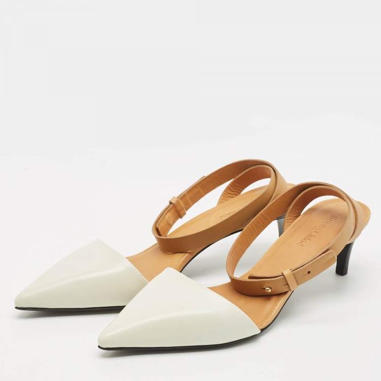 Pre Owned See by Chloe White/Brown Leather Pointed Toe  Ankle Wrap Pumps Size 39.5