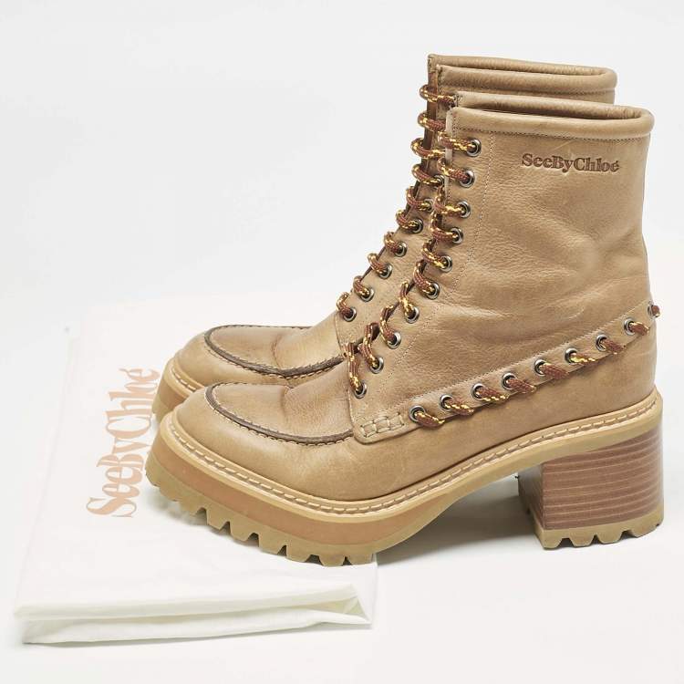 Pre Owned See by Chloe Beige Leather Mahalia Ankle Length Boots Size 39