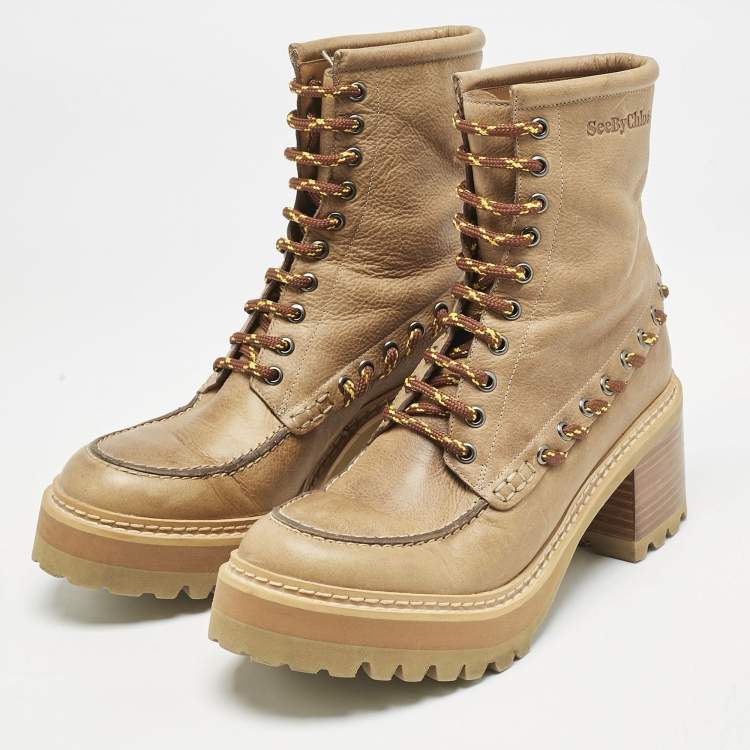 Pre Owned See by Chloe Beige Leather Mahalia Ankle Length Boots Size 39