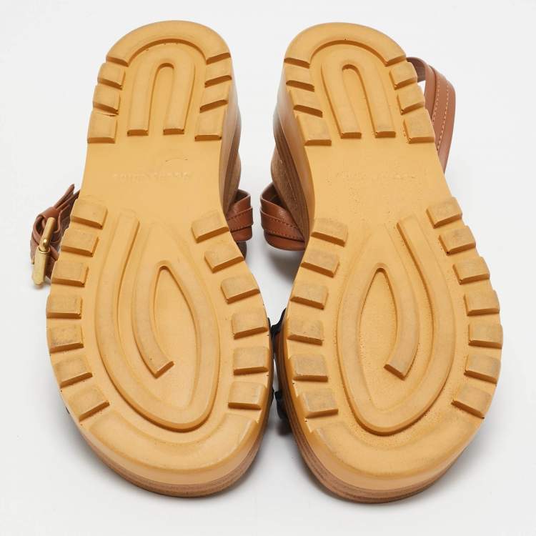 Pre Owned See by Chloe Brown Leather Cork Wedge Platform Ankle Strap Sandals Size 40