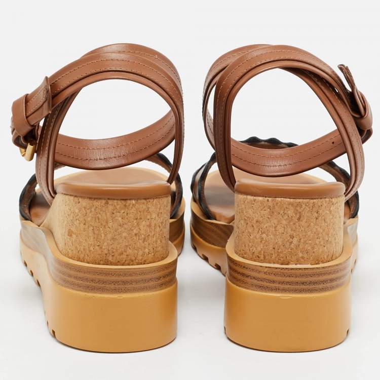 Pre Owned See by Chloe Brown Leather Cork Wedge Platform Ankle Strap Sandals Size 40