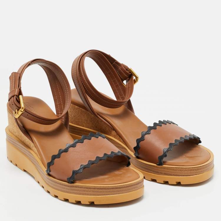Pre Owned See by Chloe Brown Leather Cork Wedge Platform Ankle Strap Sandals Size 40