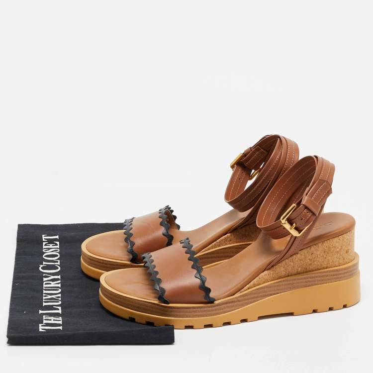 Pre Owned See by Chloe Brown Leather Cork Wedge Platform Ankle Strap Sandals Size 40