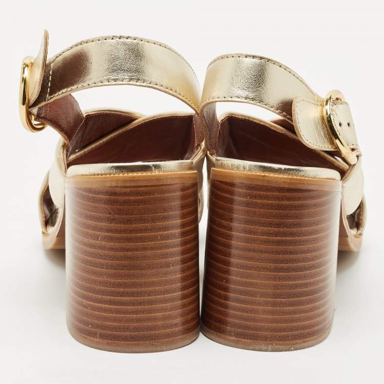Pre Owned See by Chloe Light Gold Leather Lyna Slingback Sandals Size 41