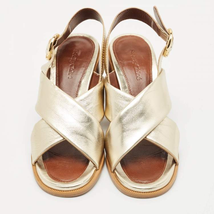 Pre Owned See by Chloe Light Gold Leather Lyna Slingback Sandals Size 41