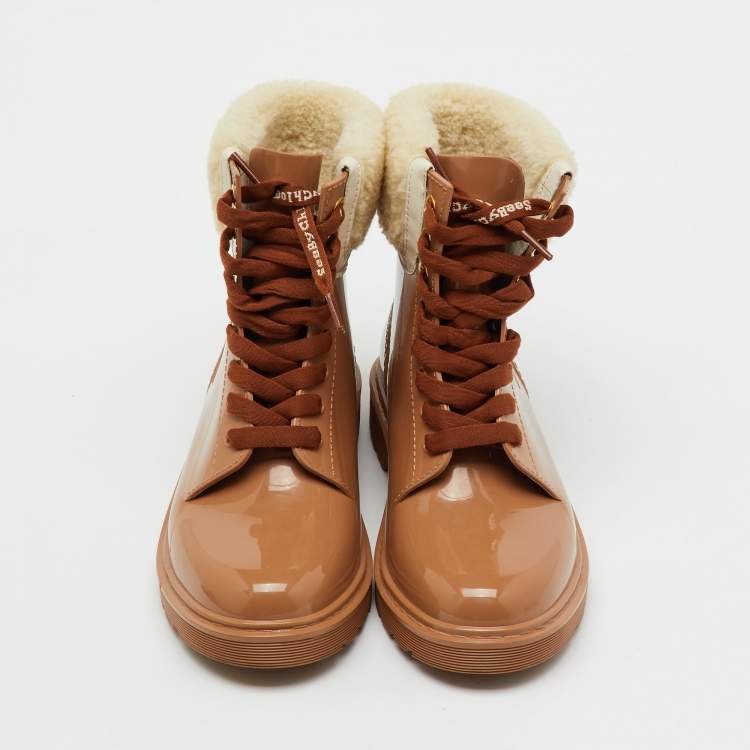 Pre Owned See by Chloe Beige Rubber and Shearling Fur Florrie Lined Combat Boots Size 39