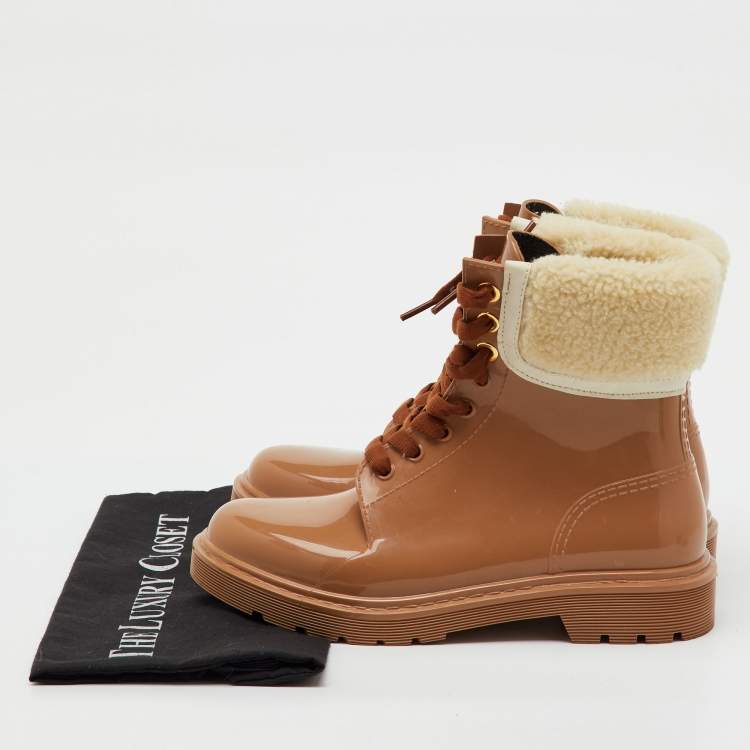 Pre Owned See by Chloe Beige Rubber and Shearling Fur Florrie Lined Combat Boots Size 39