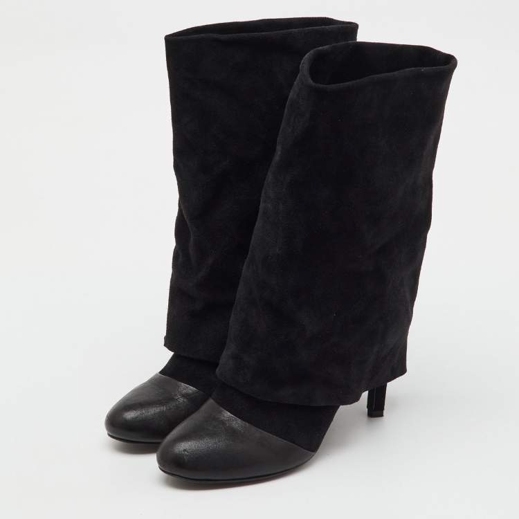 Pre Owned See by Chloe Black Suede and Leather Foldover Mid Calf Boots Size 39