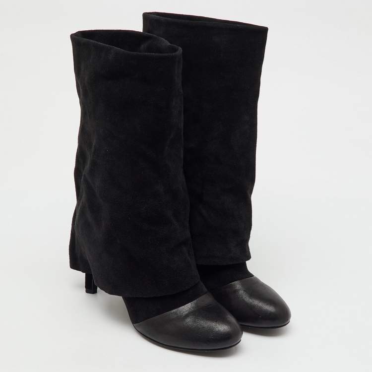 Pre Owned See by Chloe Black Suede and Leather Foldover Mid Calf Boots Size 39