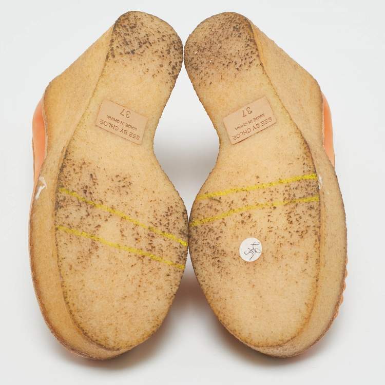Pre Owned See by Chloe Orange Leather Wedge Loafer Pumps Size 37