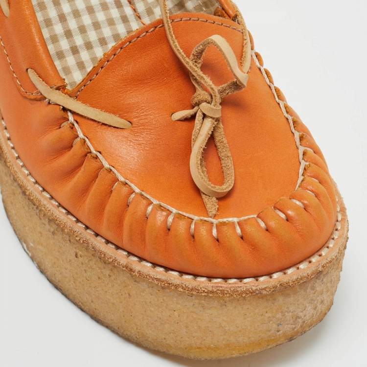 Pre Owned See by Chloe Orange Leather Wedge Loafer Pumps Size 37