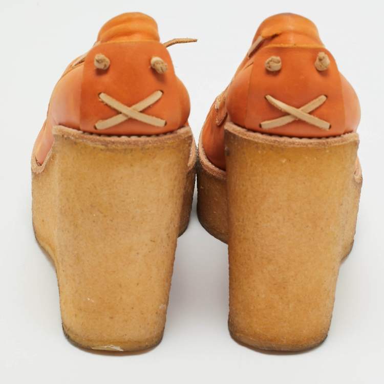 Pre Owned See by Chloe Orange Leather Wedge Loafer Pumps Size 37