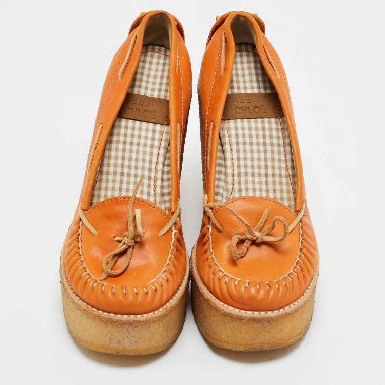Pre Owned See by Chloe Orange Leather Wedge Loafer Pumps Size 37