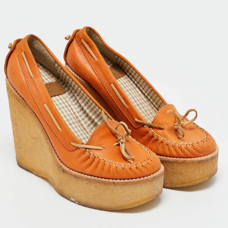 Pre Owned See by Chloe Orange Leather Wedge Loafer Pumps Size 37