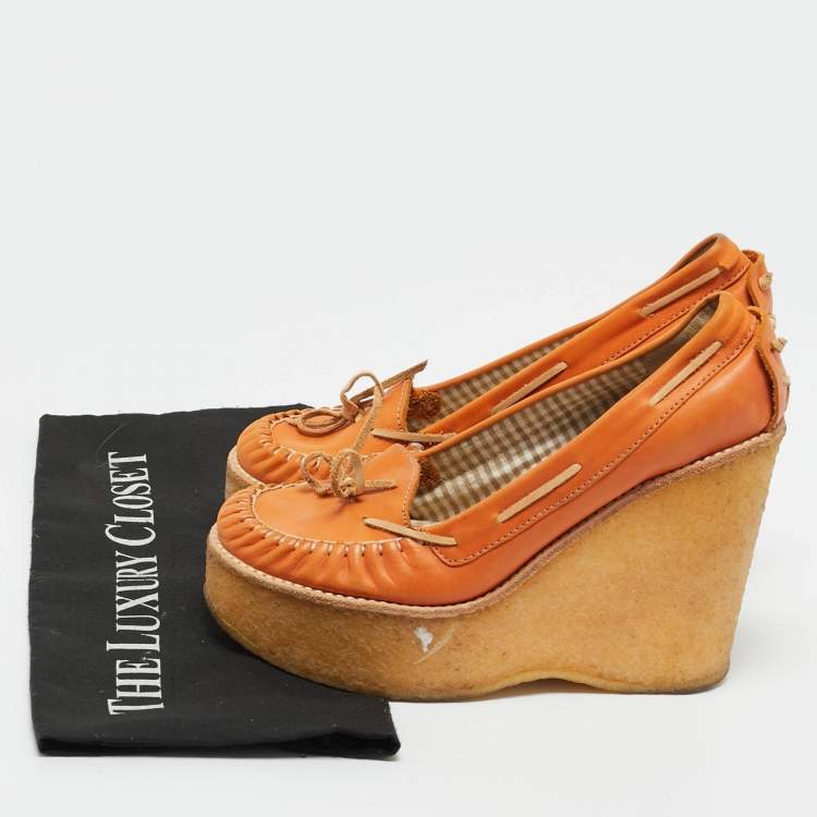 Pre Owned See by Chloe Orange Leather Wedge Loafer Pumps Size 37