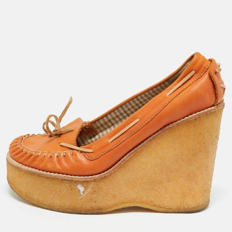Pre Owned See by Chloe Orange Leather Wedge Loafer Pumps Size 37