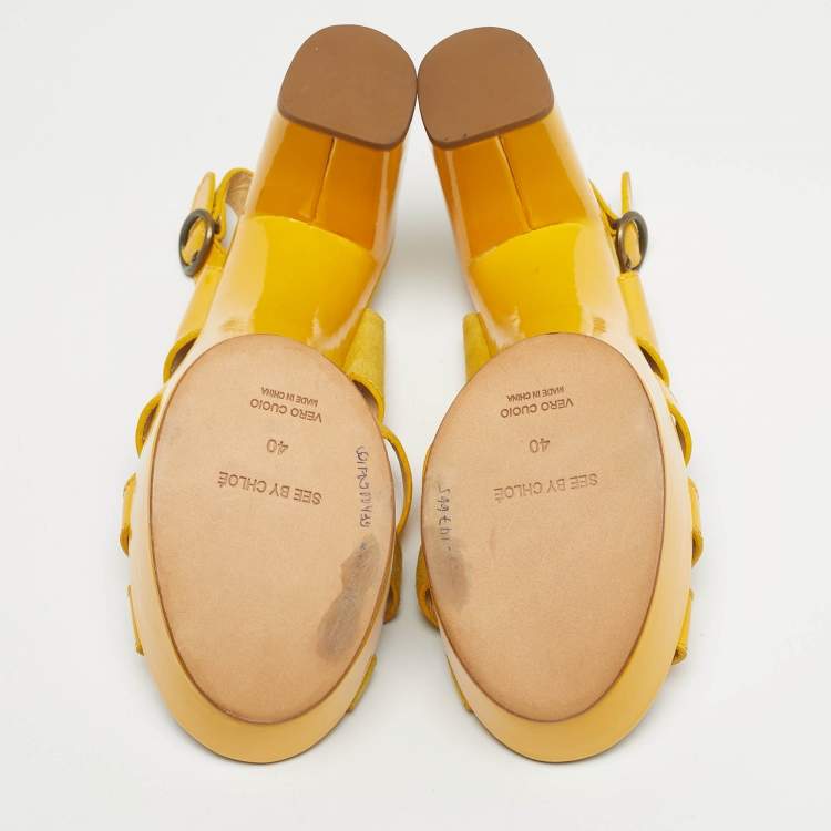 Pre Owned See by Chloe Yellow Patent Leather and Suede Strappy Platform Sandals Size 40