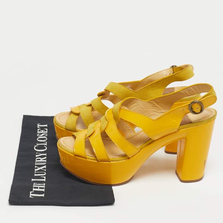 Pre Owned See by Chloe Yellow Patent Leather and Suede Strappy Platform Sandals Size 40