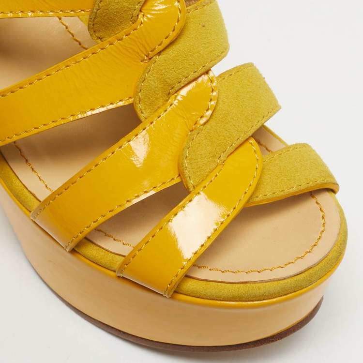 Pre Owned See by Chloe Yellow Patent Leather and Suede Strappy Platform Sandals Size 40