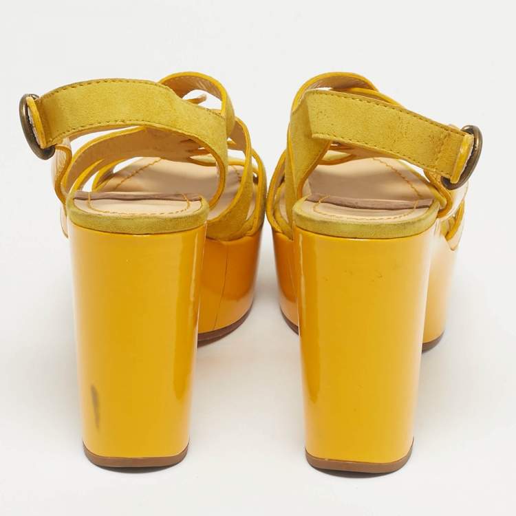Pre Owned See by Chloe Yellow Patent Leather and Suede Strappy Platform Sandals Size 40