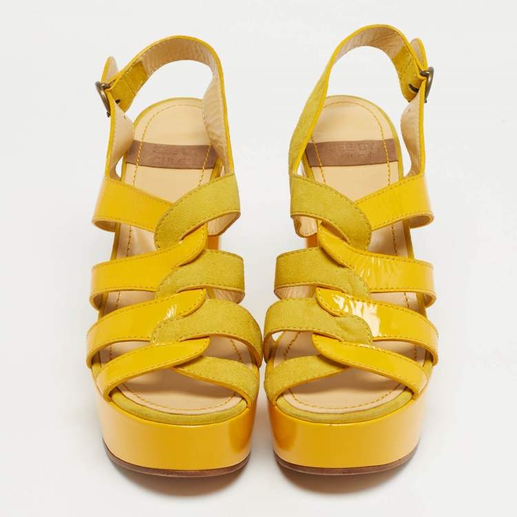 Pre Owned See by Chloe Yellow Patent Leather and Suede Strappy Platform Sandals Size 40