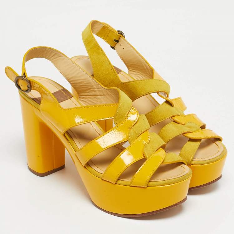 Pre Owned See by Chloe Yellow Patent Leather and Suede Strappy Platform Sandals Size 40
