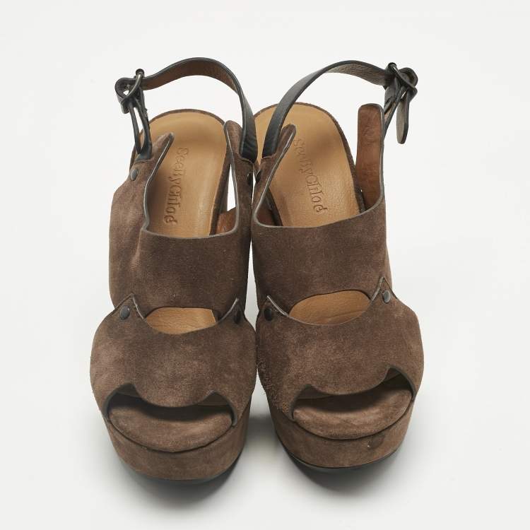 Pre Owned See by Chloé Brown Suede Wedge Sandals Size 38