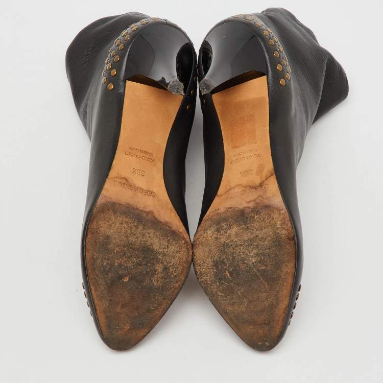 Pre Owned See by Chloe Dark Grey Leather Studded Ankle Length Boots Size 38.5