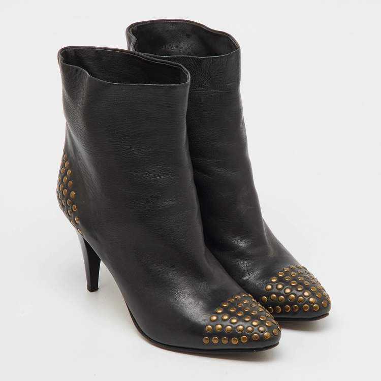 Pre Owned See by Chloe Dark Grey Leather Studded Ankle Length Boots Size 38.5