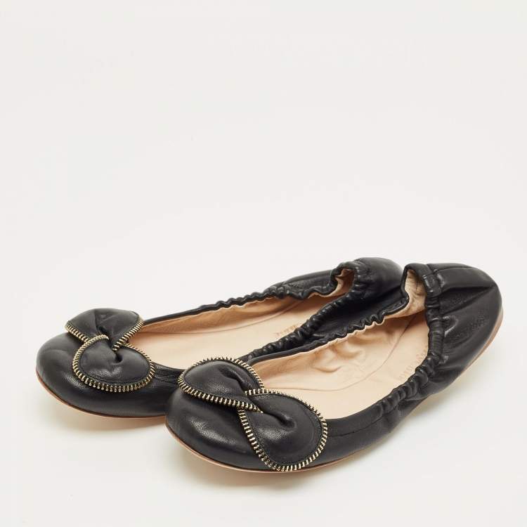 Pre Owned See by Chloe Black Leather Scrunch Bow Ballet Flats Size 41