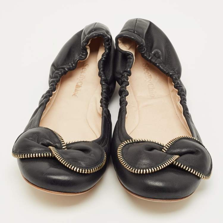 Pre Owned See by Chloe Black Leather Scrunch Bow Ballet Flats Size 41