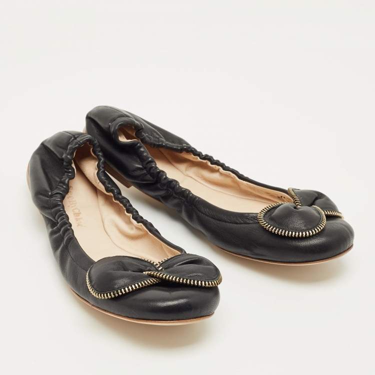 Pre Owned See by Chloe Black Leather Scrunch Bow Ballet Flats Size 41