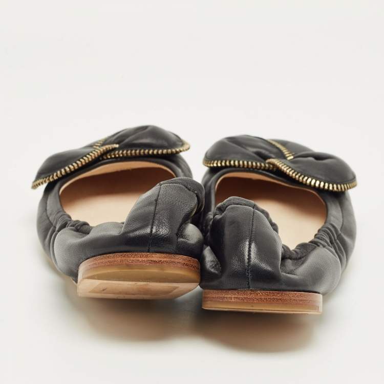 Pre Owned See by Chloe Black Leather Scrunch Bow Ballet Flats Size 41