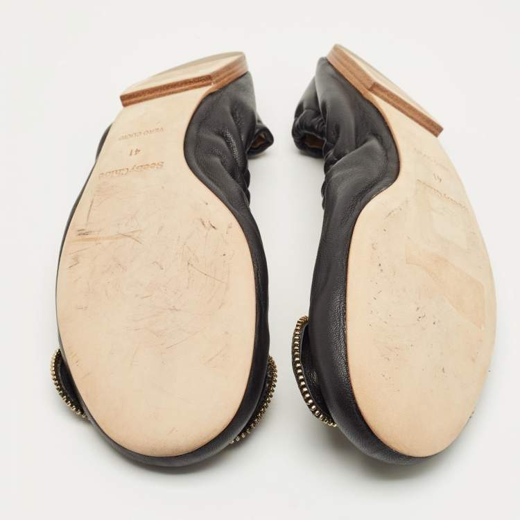 Pre Owned See by Chloe Black Leather Scrunch Bow Ballet Flats Size 41