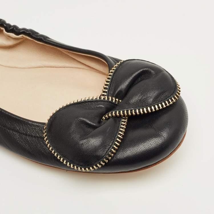 Pre Owned See by Chloe Black Leather Scrunch Bow Ballet Flats Size 41