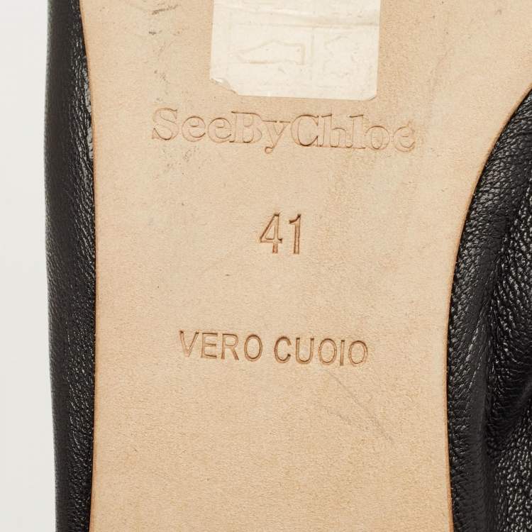 Pre Owned See by Chloe Black Leather Scrunch Bow Ballet Flats Size 41