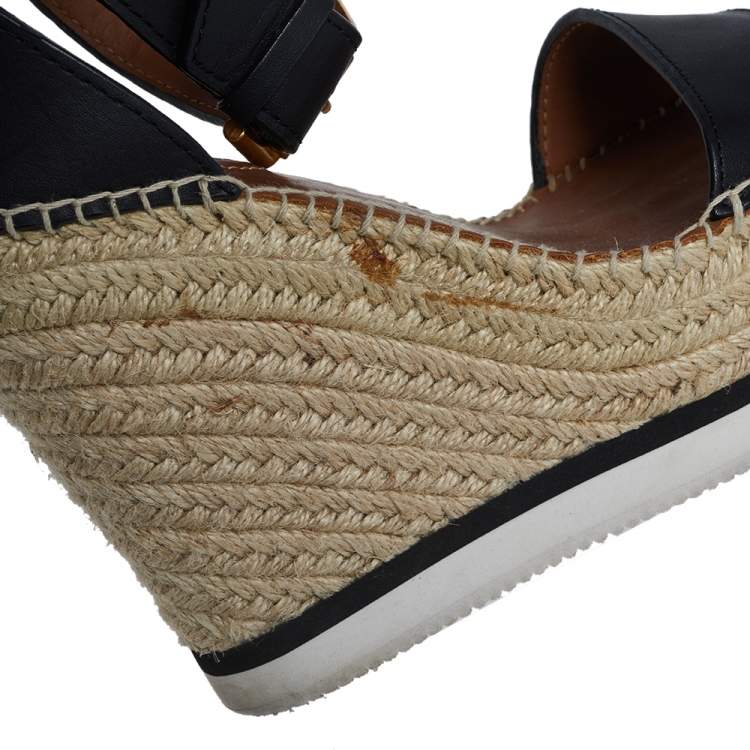 Pre Owned See by Chloe Black Leather Espadrille Wedge Sandals Size 35