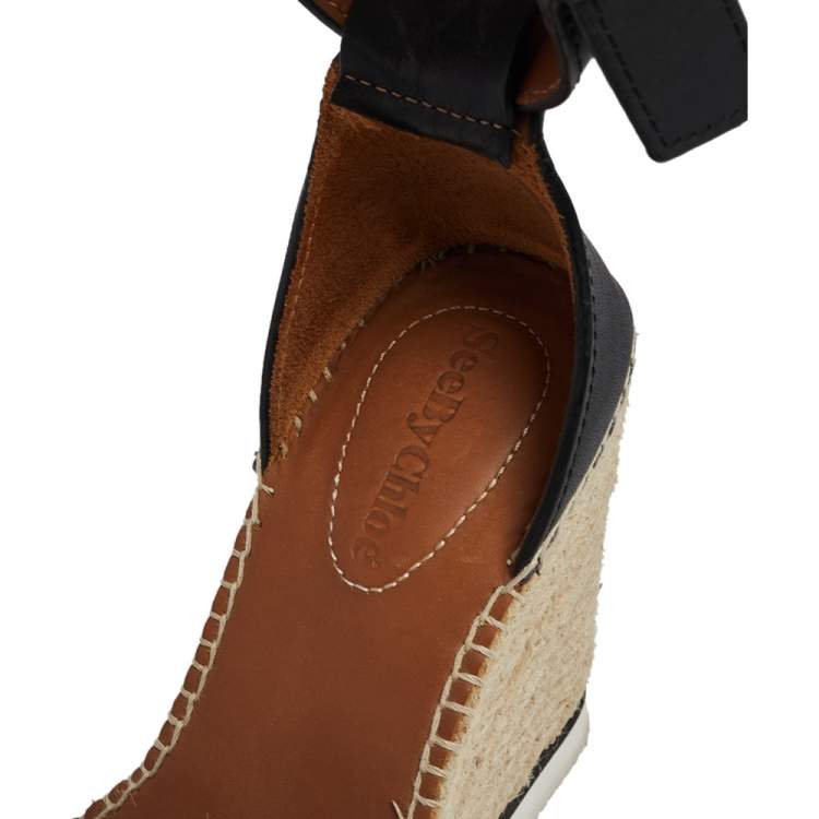 Pre Owned See by Chloe Black Leather Espadrille Wedge Sandals Size 35